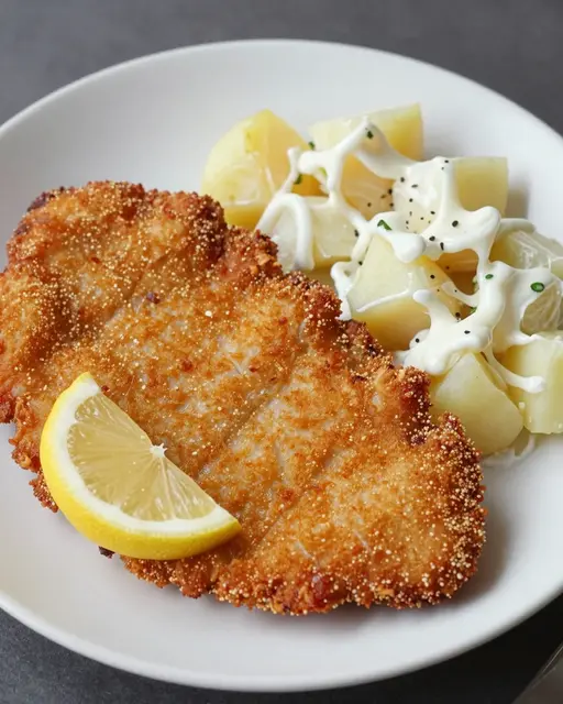 A white plate holds crispy breaded pork schnitzel, a lemon wedge, and creamy dressed potato salad on a dark tabletop.