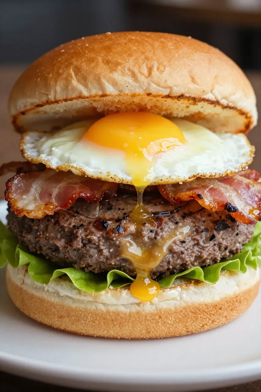 Close-up of a tall stacked burger topped with runny fried egg, crispy bacon, and lettuce on a white plate