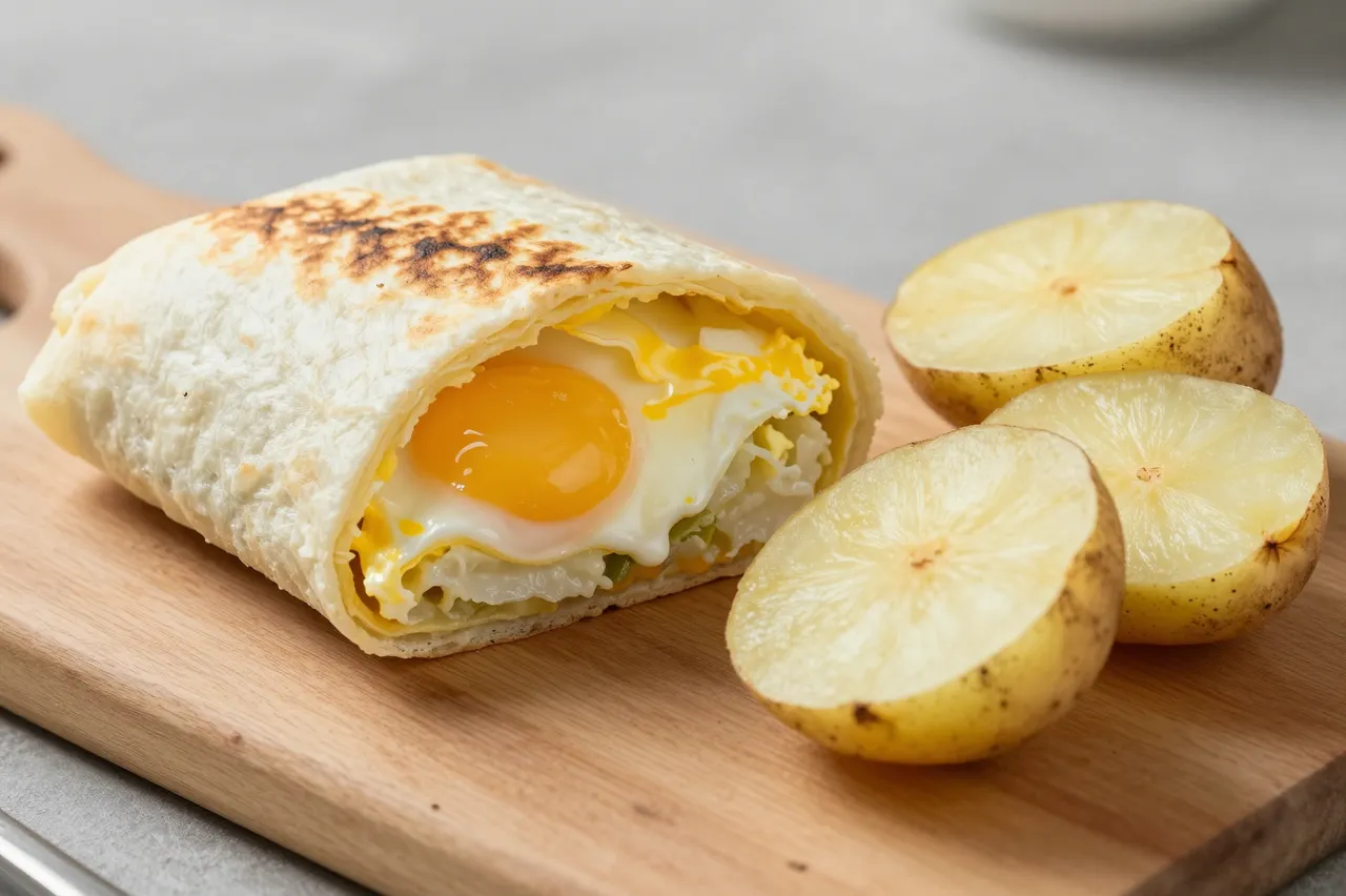 Cut open breakfast burrito with runny egg filling sits next to raw potato halves on a wooden cutting board
