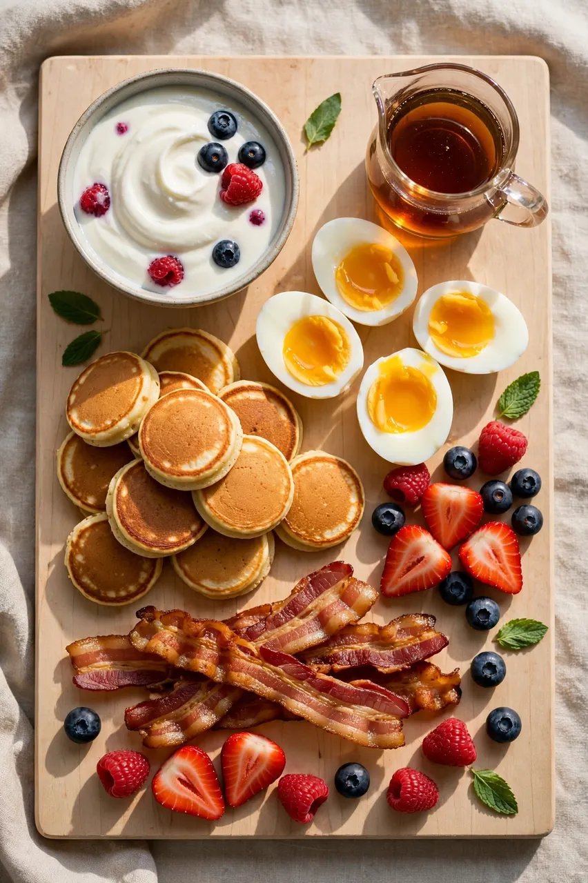 Overhead view of a wooden breakfast board topped with mini pancakes, berries, soft boiled eggs, bacon, yogurt and maple syrup