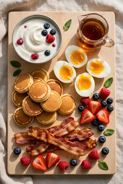 Overhead view of a wooden breakfast board topped with mini pancakes, berries, soft boiled eggs, bacon, yogurt and maple syrup