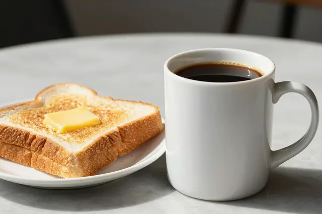A white mug of black coffee sits beside buttered toast on a small plate on a sunlit table