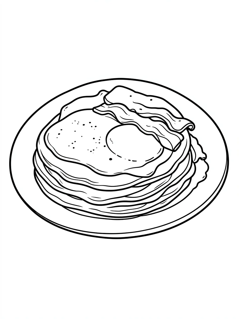 Black and white line drawing of a plate stacked with pancakes, a fried egg, and bacon strips on a plain white background