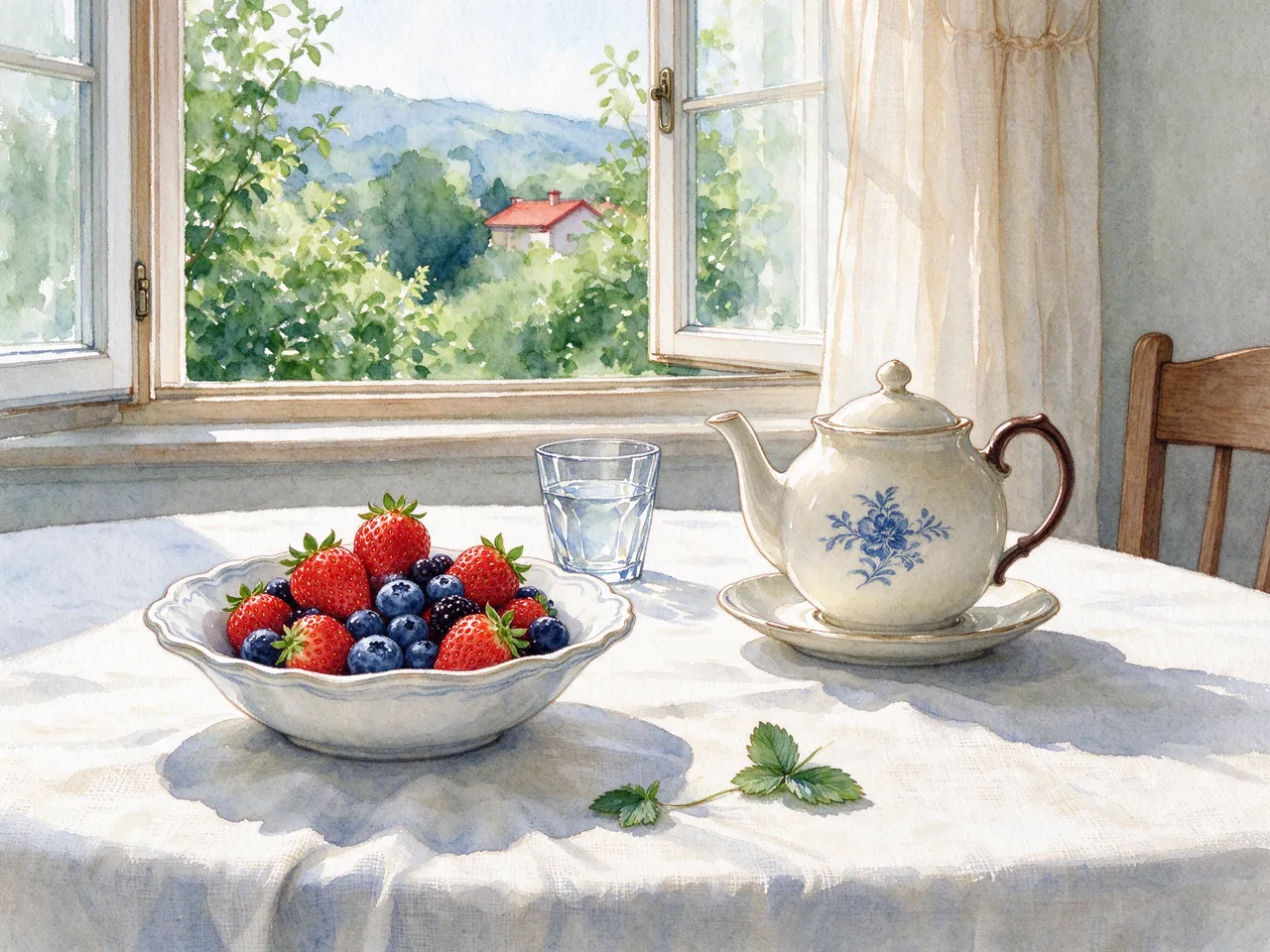 Watercolor still life of a breakfast table with berries, teapot and view of green hills outside an open window