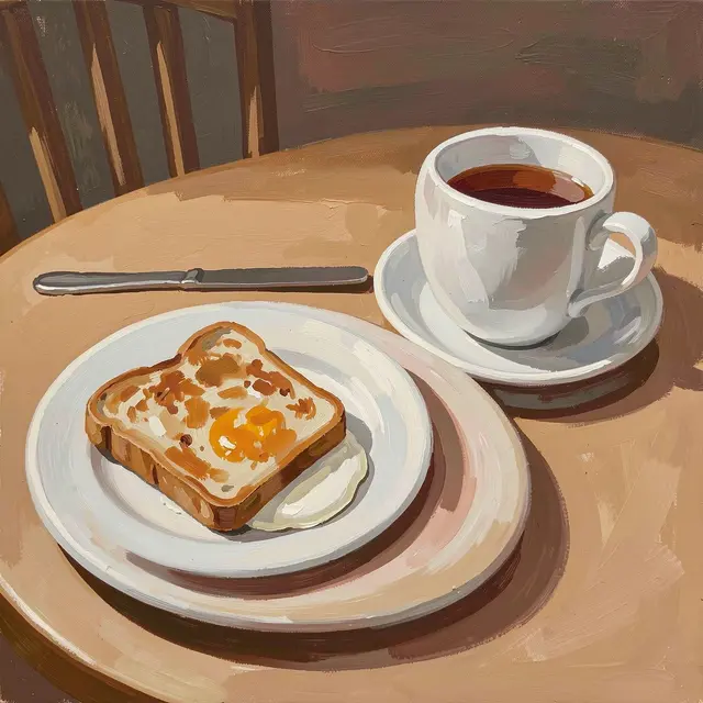 Gouache painting of a breakfast setting with toast, a teacup, and knife on a round wooden table