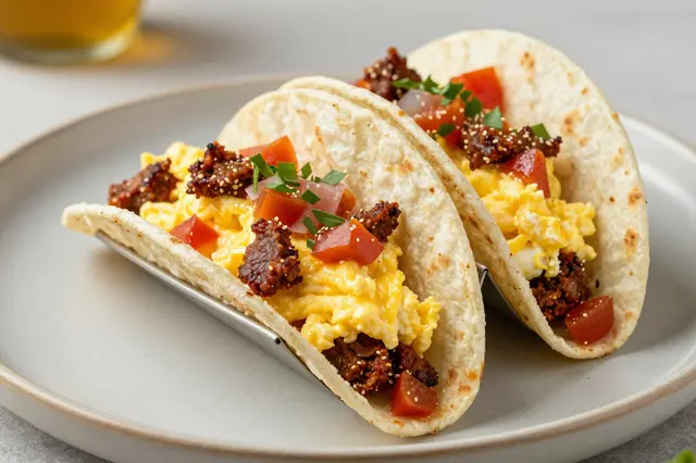 Two breakfast tacos with scrambled eggs, chorizo and salsa sit on a light gray ceramic plate