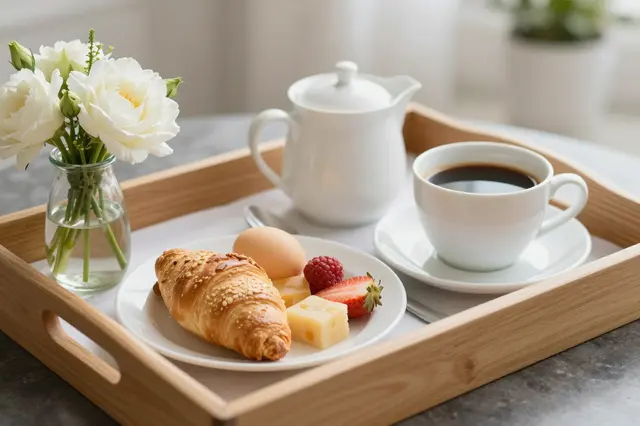 A wooden breakfast tray holds coffee, a croissant, fresh fruit, cheese, and a small vase of white flowers.