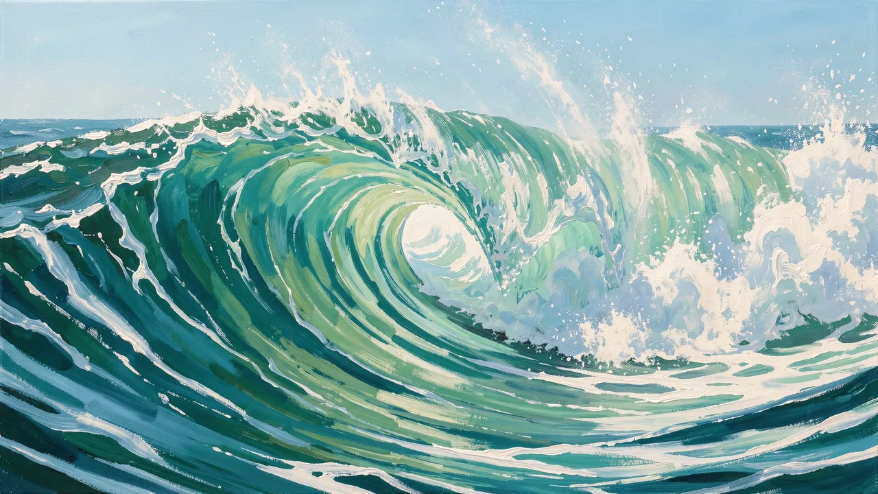 Textured acrylic painting of a curling turquoise ocean wave capped with bright white foam under a pale blue sky