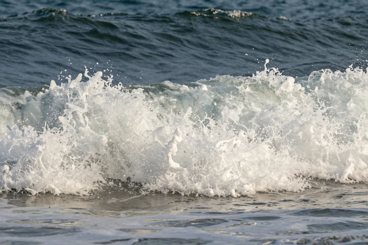 Bright white sea spray erupts from a curling breaking ocean wave under natural sunlight