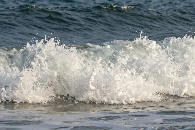 Bright white sea spray erupts from a curling breaking ocean wave under natural sunlight