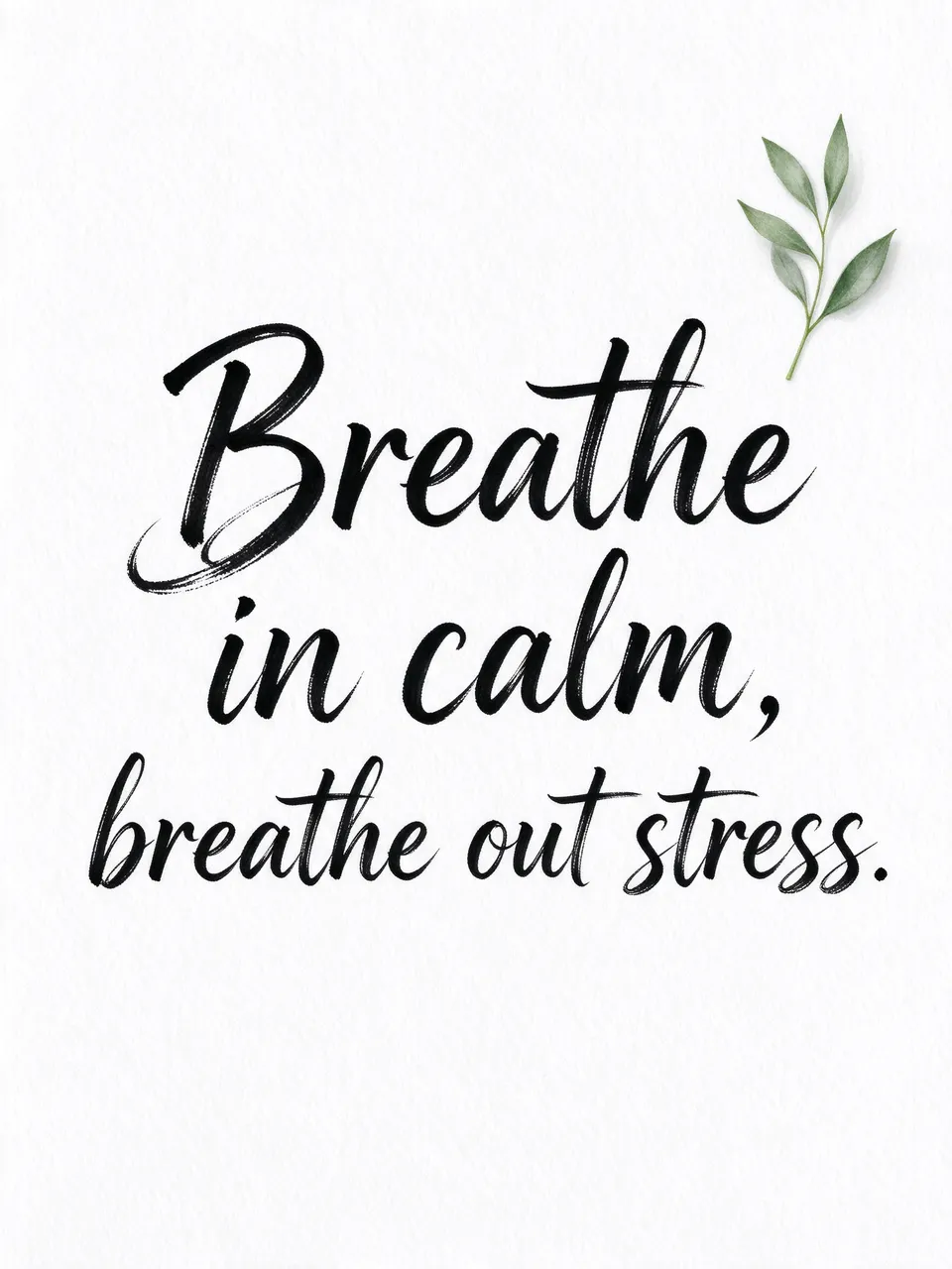 Black brush lettering reading "Breathe in calm, breathe out stress." sits on white watercolor paper with a small green leaf