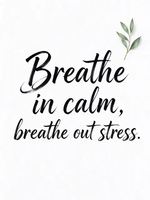 Black brush lettering reading "Breathe in calm, breathe out stress." sits on white watercolor paper with a small green leaf