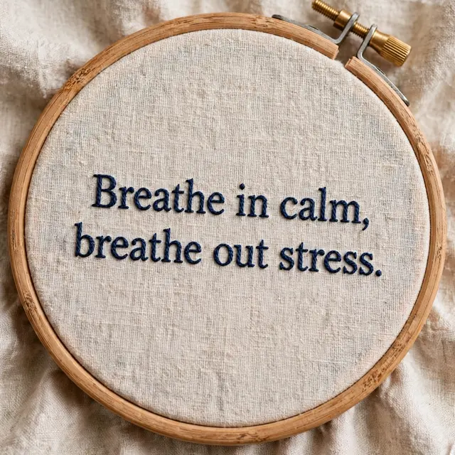 Navy embroidered text reading "Breathe in calm, breathe out stress." stitched on linen in a wooden embroidery hoop.