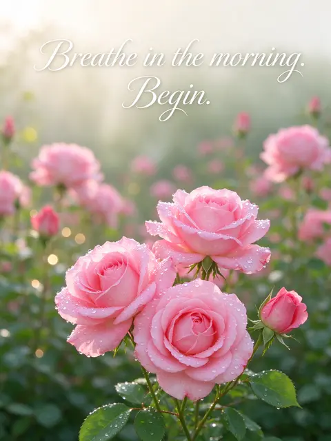 Soft morning light falls on dewy pink roses with the quote "Breathe in the morning. Begin." over blurred bokeh background.
