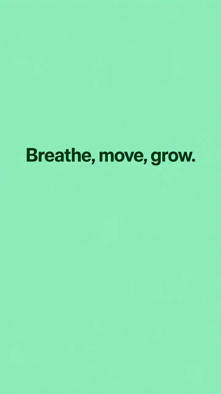 Vertical phone wallpaper with a fresh mint green background showing the dark green text "Breathe, move, grow."