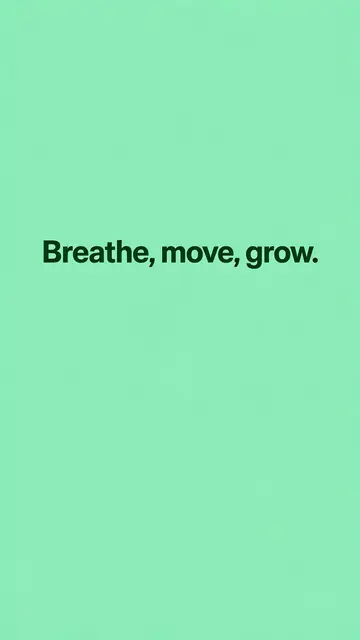 Vertical phone wallpaper with a fresh mint green background showing the dark green text "Breathe, move, grow."