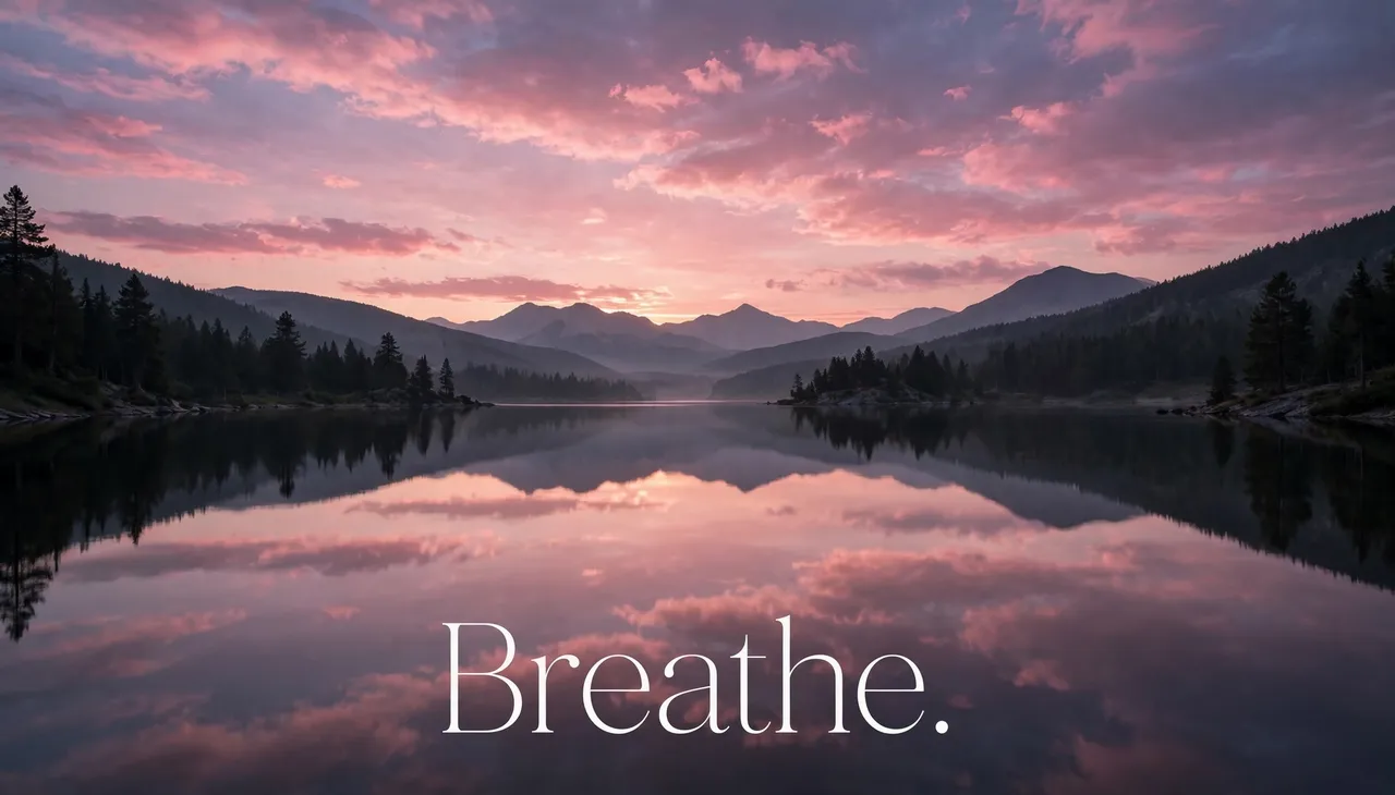 A calm pink dusk lake landscape with centered thin white serif text reading "Breathe."