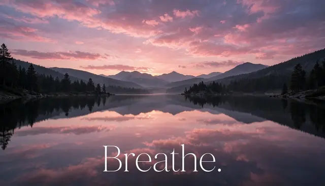A calm pink dusk lake landscape with centered thin white serif text reading "Breathe."