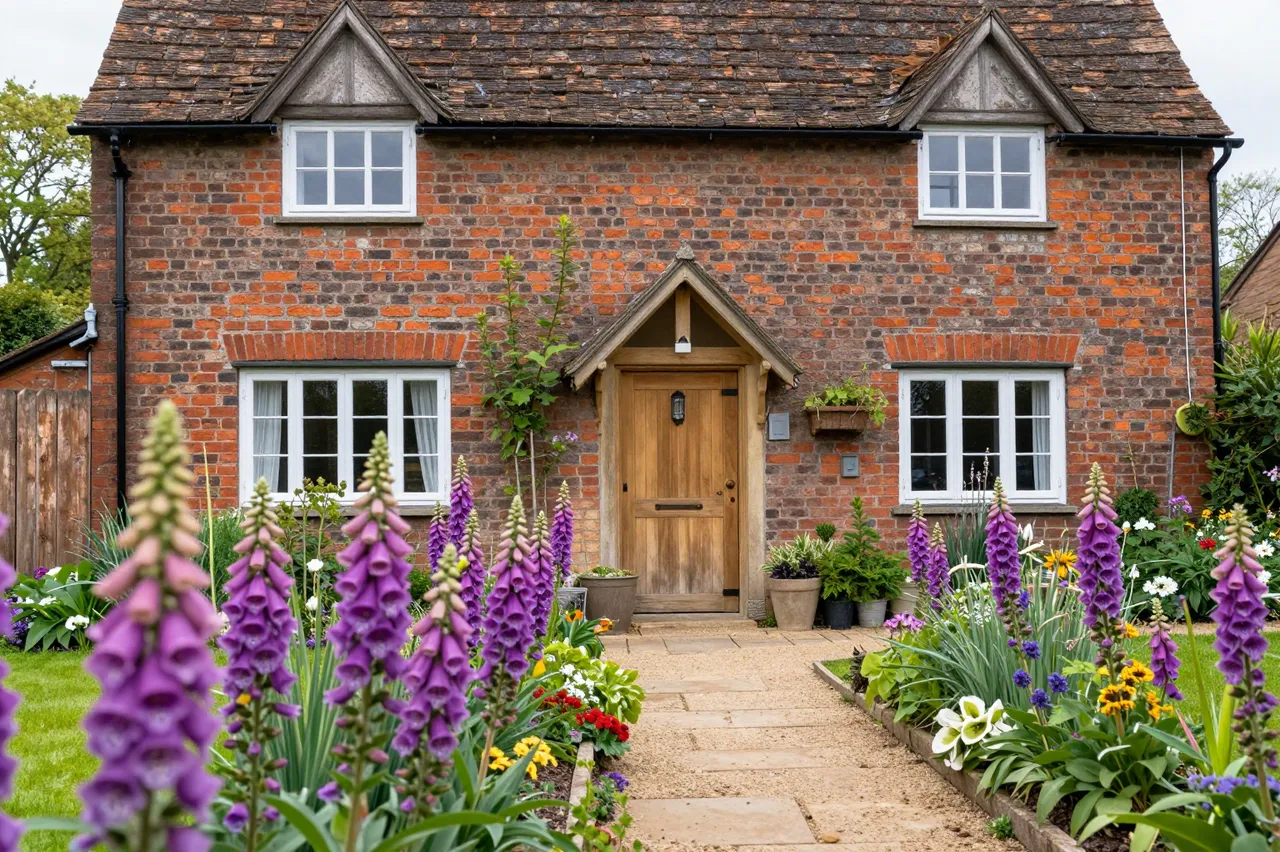 Traditional brick cottage with a stone garden path lined with tall purple foxgloves