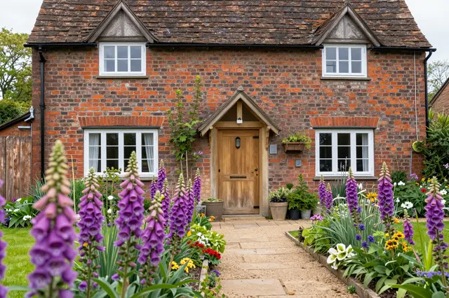 Traditional brick cottage with a stone garden path lined with tall purple foxgloves