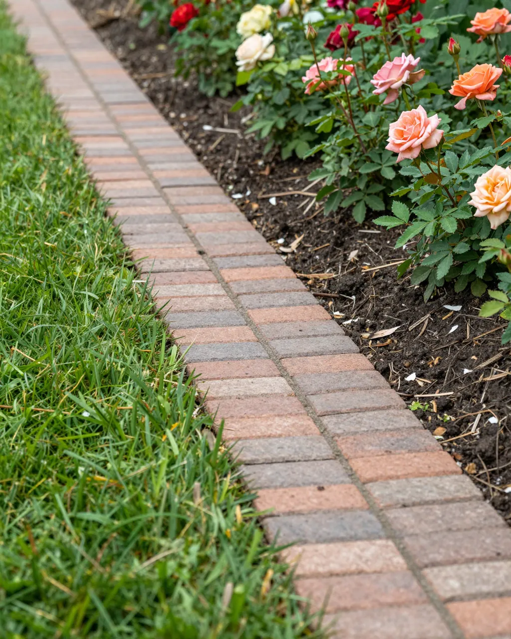 Red and gray brick edging separates a green lawn from a rose flower bed in a garden