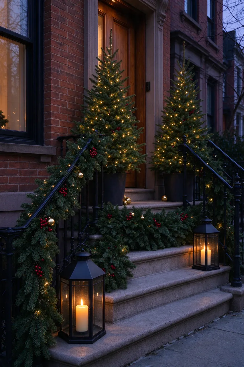 Dusk view of a brick townhouse stoop decorated with lit fir trees, garland, and glowing lanterns