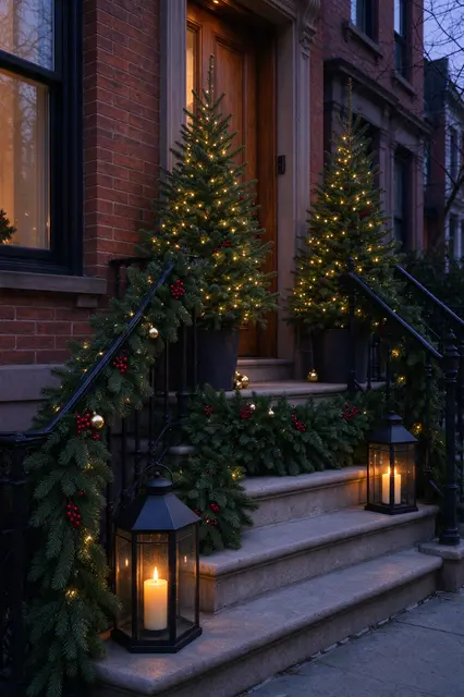 Dusk view of a brick townhouse stoop decorated with lit fir trees, garland, and glowing lanterns