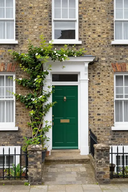 Traditional brick townhouse with a bright green front door, climbing jasmine and small walled front garden.