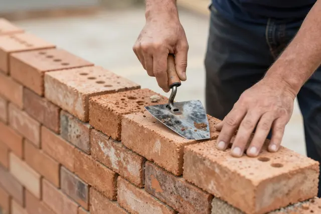 Close-up of a bricklayer's hands using a trowel to lay a row of clay bricks on a wall