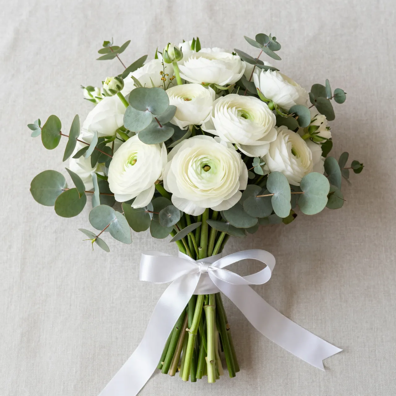 Flat lay of a white ranunculus and eucalyptus bridal bouquet tied with silk ribbon resting on neutral linen