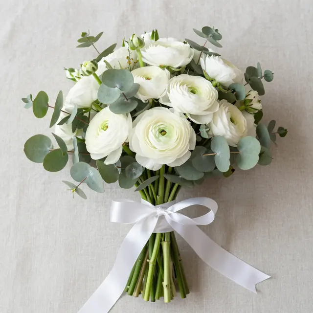 Flat lay of a white ranunculus and eucalyptus bridal bouquet tied with silk ribbon resting on neutral linen