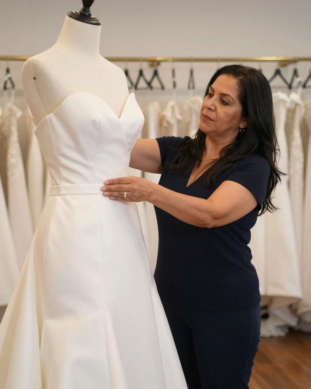 A Latina woman in her fifties adjusts an ivory wedding gown on a dress form inside a bridal shop.