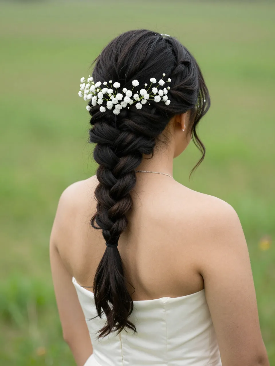 Back view of a bride with a braided hairstyle woven with gypsophila standing in a grassy meadow.