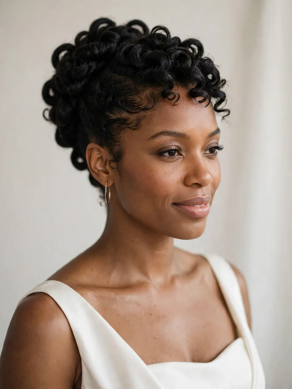 Soft studio portrait of a Black bride showing her sculpted natural curly bridal updo and plain ivory gown