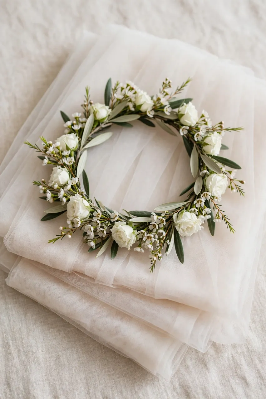 A floral crown of white roses and green leaves rests atop folded soft tulle veil.