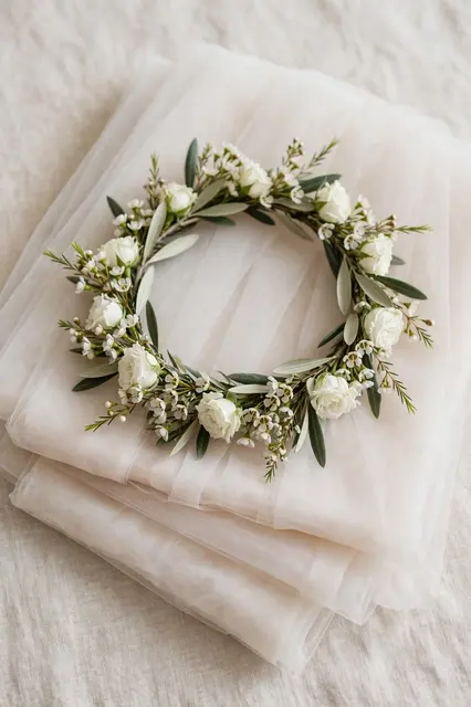 A floral crown of white roses and green leaves rests atop folded soft tulle veil.
