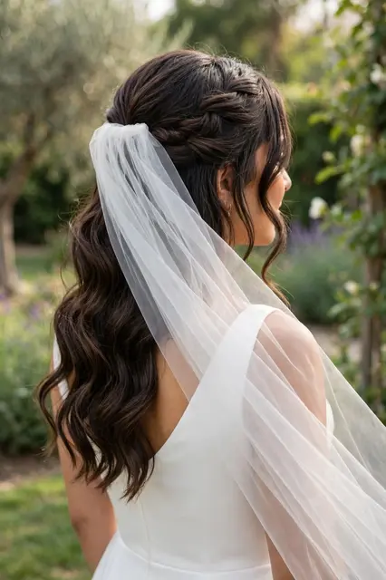 Three-quarter back view of a bride with half-up hairstyle and sheer veil standing in a sunlit garden