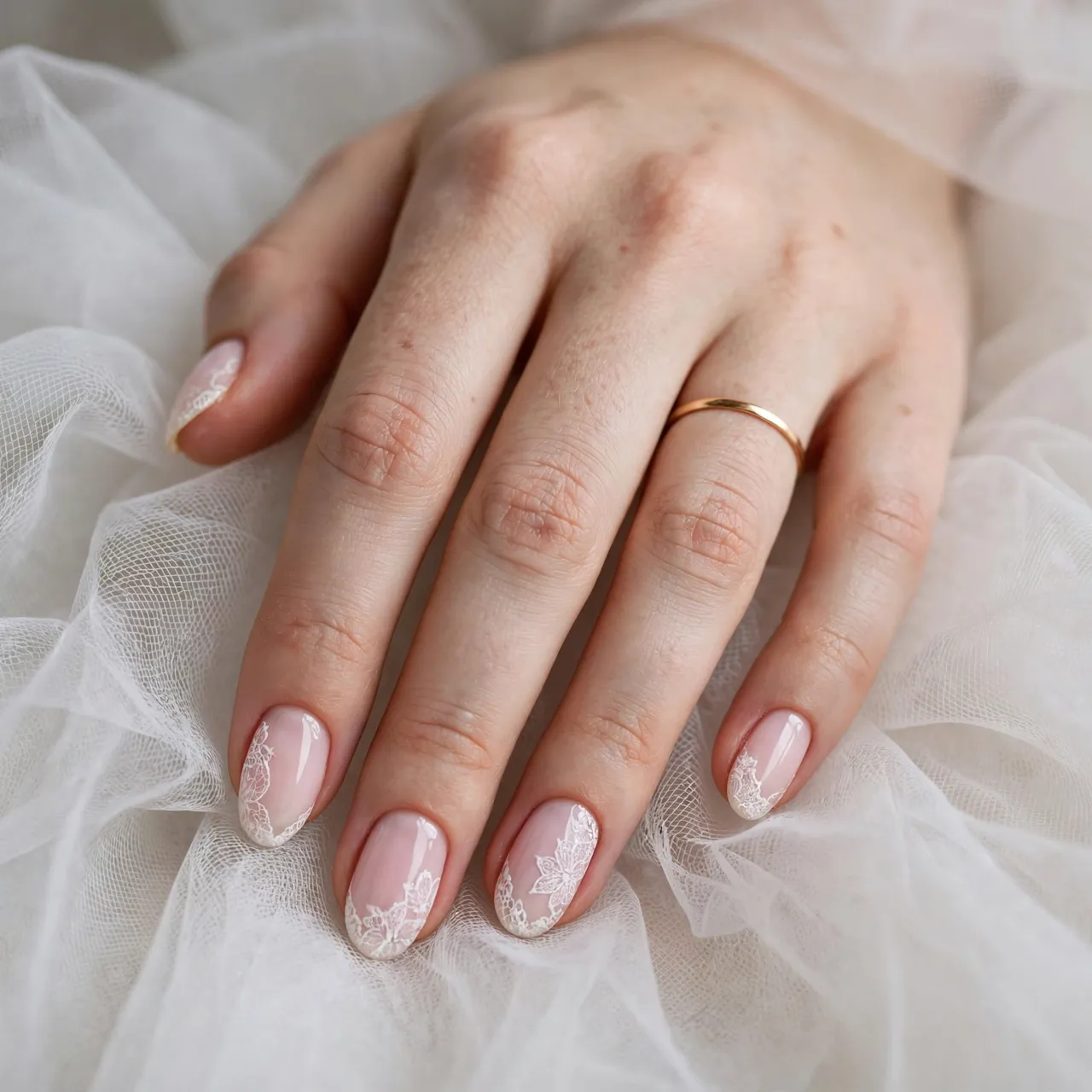 Close-up of a woman's hand resting on sheer white tulle, showing manicured wedding nails and a thin gold band