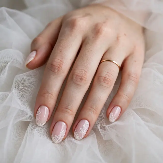 Close-up of a woman's hand resting on sheer white tulle, showing manicured wedding nails and a thin gold band