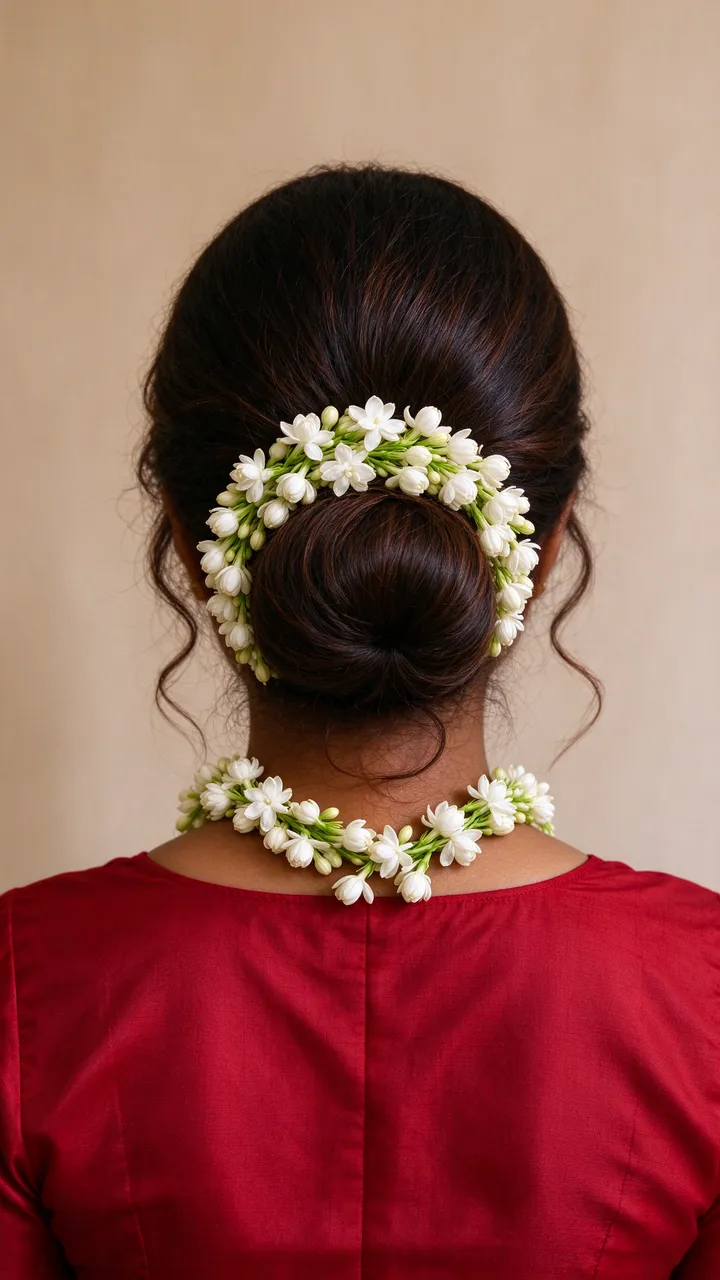 Back view of a South Asian woman showing a jasmine-adorned hair bun and crimson blouse