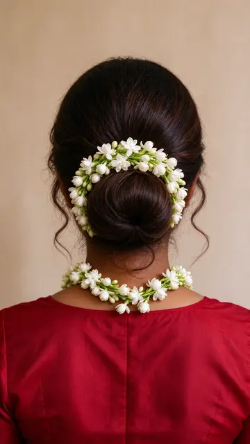 Back view of a South Asian woman showing a jasmine-adorned hair bun and crimson blouse