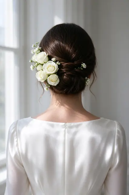 Back view of a bride with a floral hair bun standing near a sunlit window in a silk gown