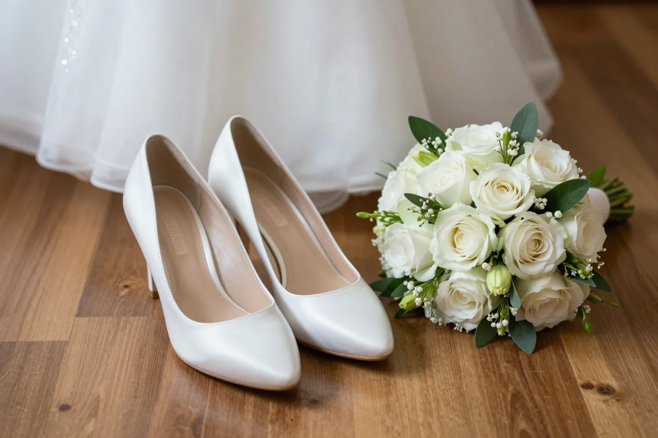 White satin bride's heels and a white rose bouquet rest on a wooden floor beside the hem of a wedding dress.