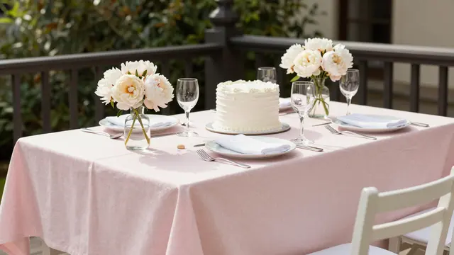 Sunny terrace table set with pastel pink linens, peony vases and a small white celebration cake.