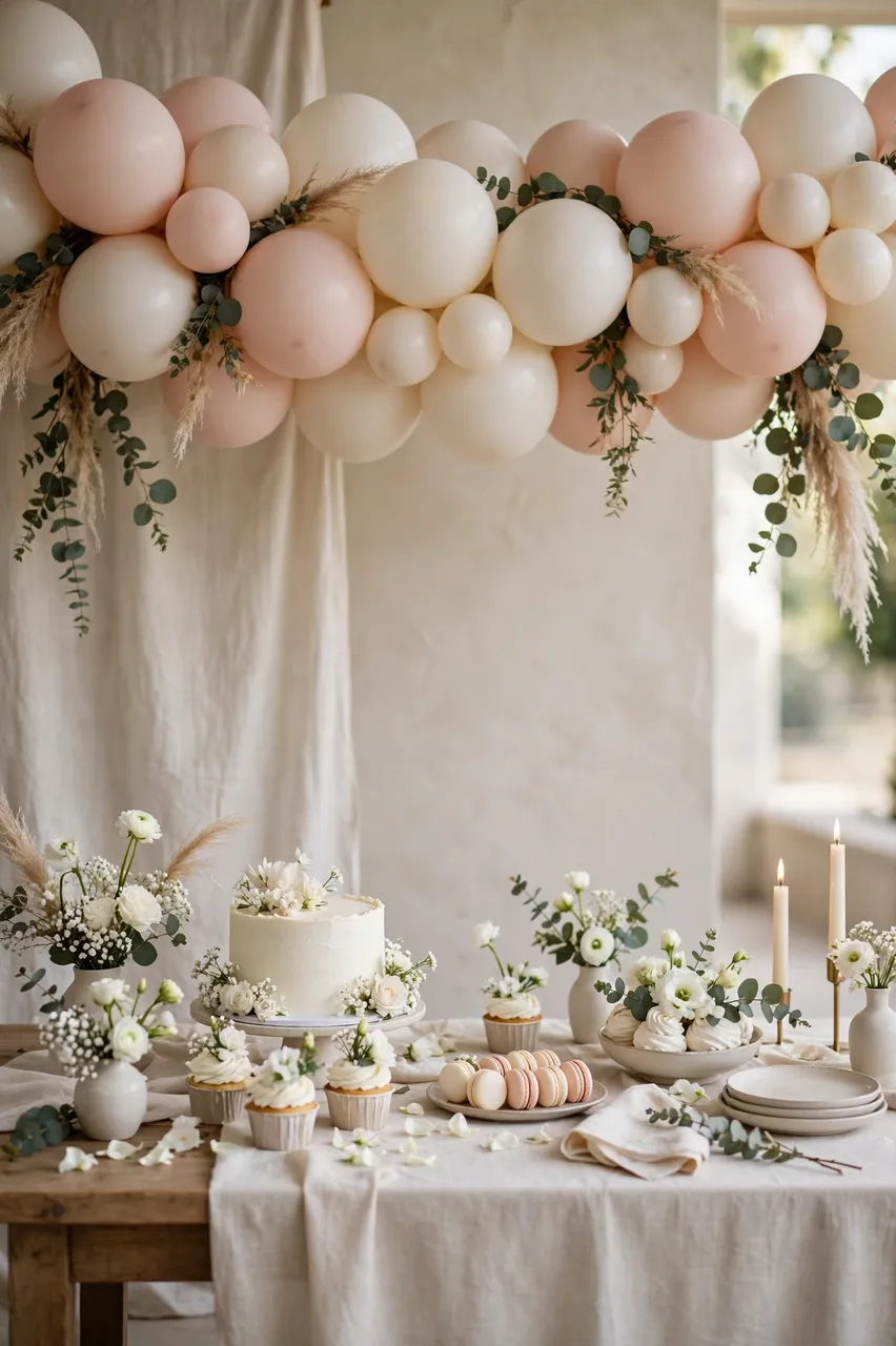 Blush and ivory balloon garland hangs above a styled bridal shower dessert table with treats and florals.