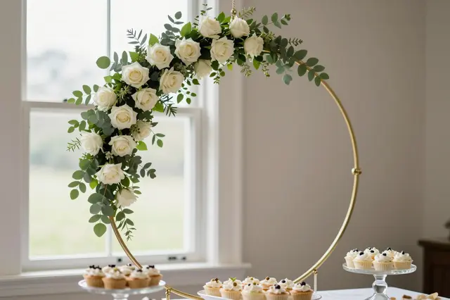 Gold hanging floral hoop with white roses and eucalyptus sits above a dessert table with cupcakes near a bright window.
