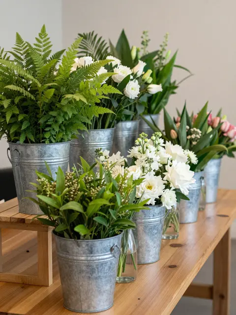 Galvanized buckets of fresh cut flowers and greenery line a long wooden table for a flower arrangement station