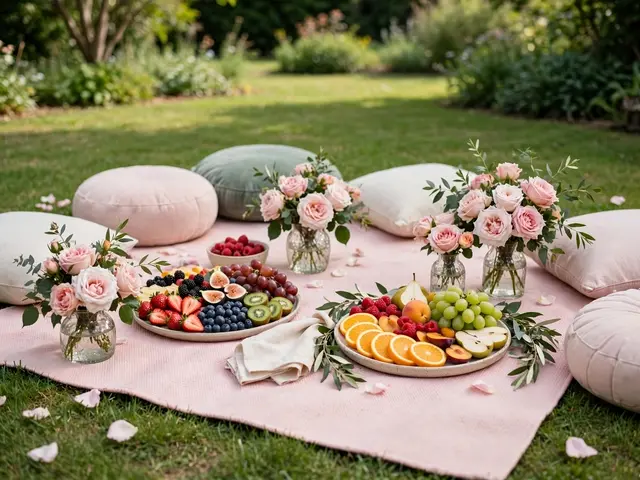 Pink picnic rug with cushions, fruit platters, and rose vases arranged on a sunlit garden lawn