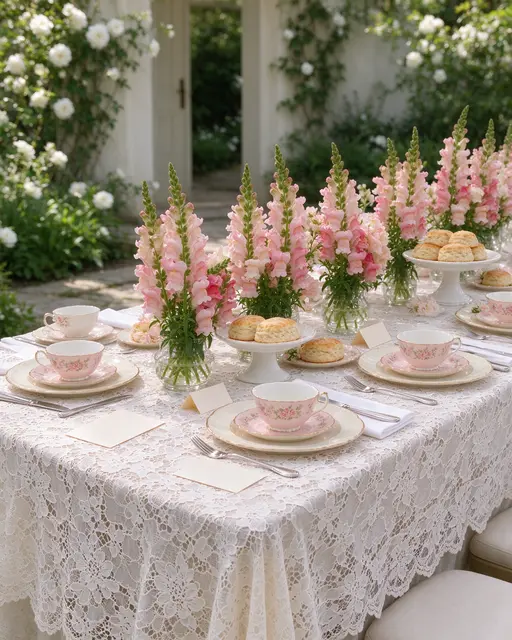 A lace-covered outdoor table set with vintage teacups, scones and pink snapdragons for a garden tea party.