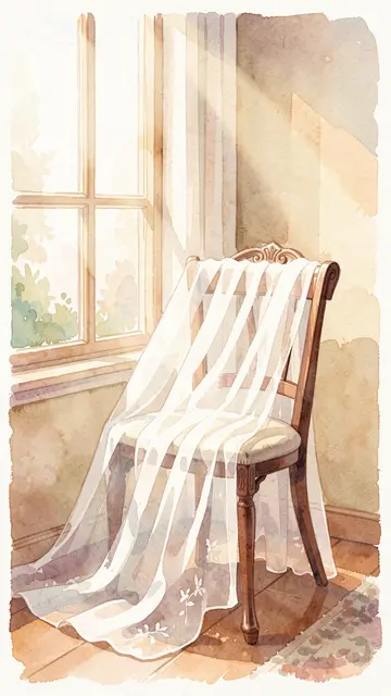 Sheer embroidered bridal veil draped over an ornate wooden chair beside a sunlit window in soft watercolor style